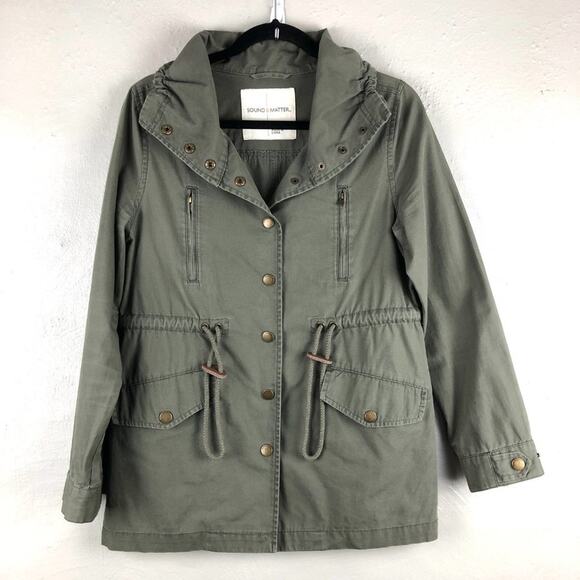 Sound Matter Green Drawstring Snap Front Lightweight Utility Anorak Jacket Coat - Picture 10 of 10